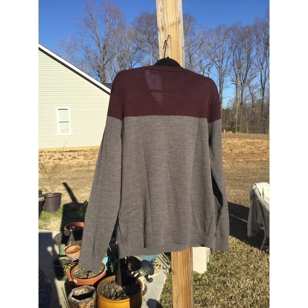 Banana Republic‎ Mens Merino Wool Sweater Size XL Striped Grey Burgundy Red Work
